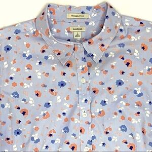 LL Bean Blue Floral Blouse Large Wrinkle Free Cotton Pinpoint Oxford Size L